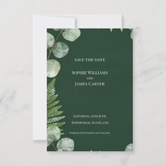 Donkergroene varen Eucalyptus Schotse bruiloft Save The Date (Voorkant)
