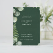 Donkergroene varen Eucalyptus Schotse bruiloft Save The Date (Staand voorkant)