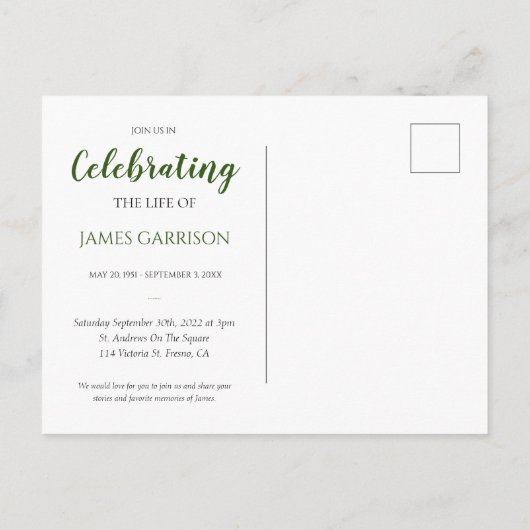 Donkergroene viering van het leven met foto rouwdi briefkaart (Achterkant)