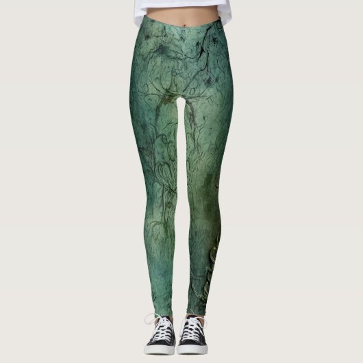 Donkergroene Vintage Steampunk Klok Leggings (Voorkant)