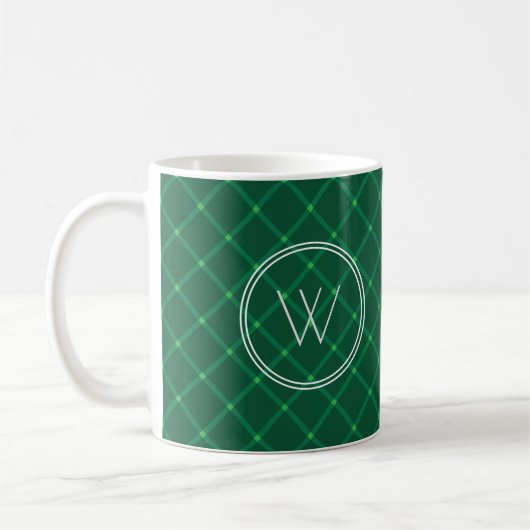 Donkergroene vleiend speciaal monogram koffiemok (Links)