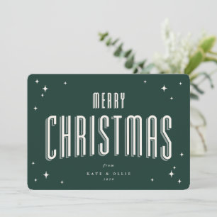 Donkergroene vrolijk kerstfeest retro sterren plat feestdagenkaart