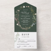 Donkergroene Waterverf Wildflower Simple Wedding All In One Uitnodiging (Binnen)