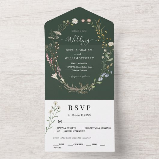 Donkergroene Waterverf Wildflower Simple Wedding All In One Uitnodiging (Binnen)