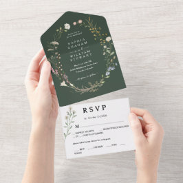 Donkergroene Waterverf Wildflower Spring Wedding All In One Uitnodiging