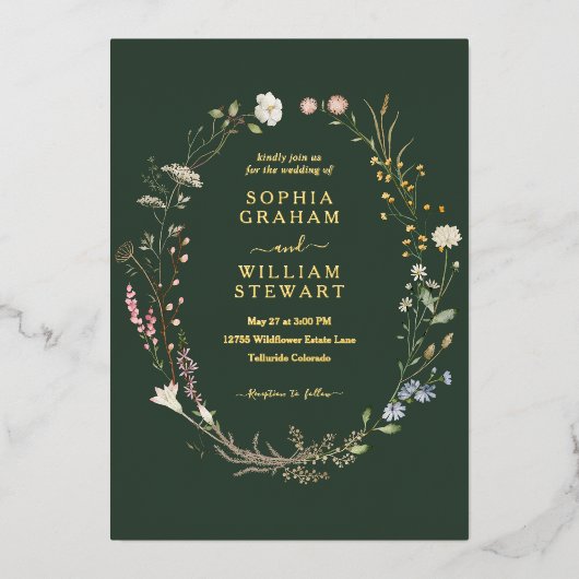 Donkergroene Waterverf Wildflower thema Weddenscha Folie Uitnodiging (Voorkant)