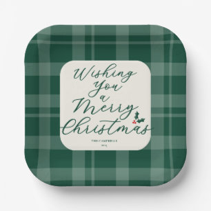 Donkergroene 'Wishing You A Merry Christmas' Plaid Papieren Bordje