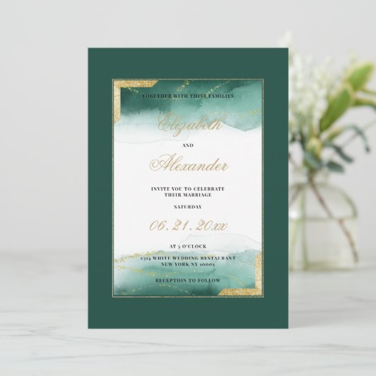 Donkergroene witte waterverf goudglitter bruiloft kaart (Staand voorkant)