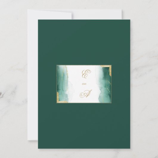 Donkergroene witte waterverf goudglitter bruiloft kaart (Achterkant)