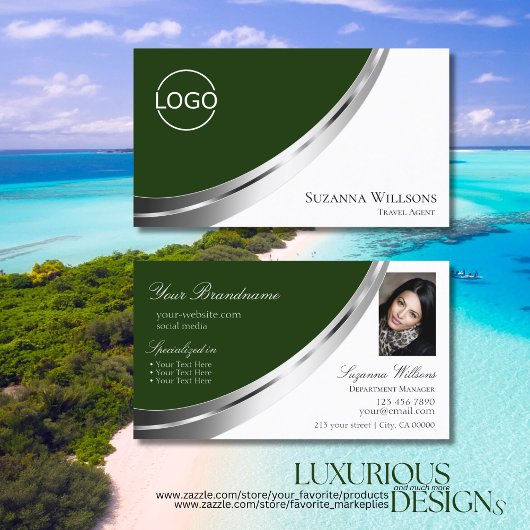 Donkergroene witte zilver decor met Logo en foto Visitekaartje