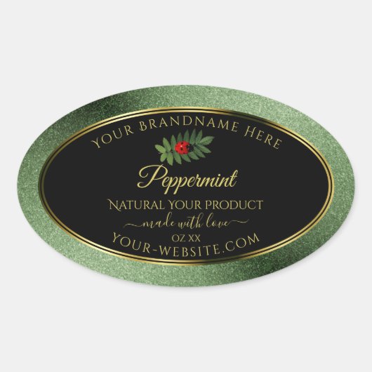 Donkergroene zwarte Glitter-productlabels Ladybug Ovale Sticker (Voorkant)