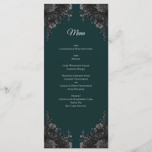 Donkergroene zwarte grijze Rozen Gothic Wedding Menu (Voorkant)