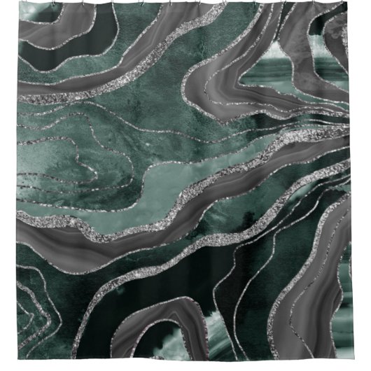 Donkergroene zwarte marmer Agate Silver Glitter Gl Douchegordijn (Voorkant)