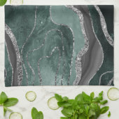 Donkergroene zwarte marmeren agaat Silver Glam #1 Theedoek (Gevouwen)