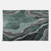 Donkergroene zwarte marmeren agaat Silver Glam #1 Theedoek (Horizontaal)