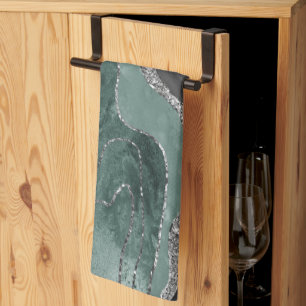 Donkergroene zwarte marmeren agaat Silver Glam #1 Theedoek