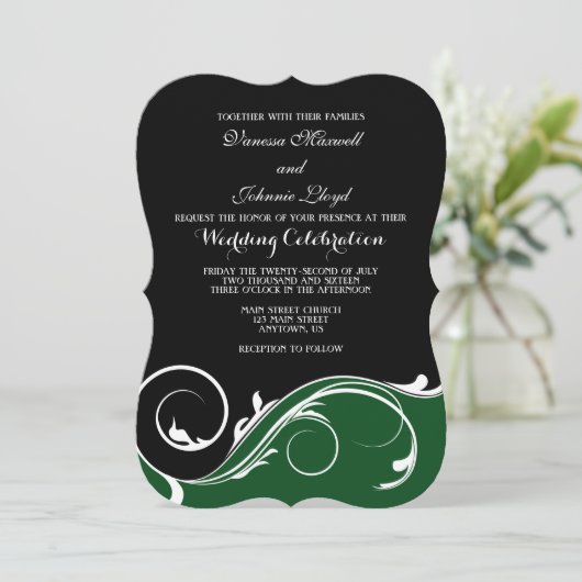Donkergroene zwarte-zwembroek-weddenschap-uitnodig kaart (Staand voorkant)