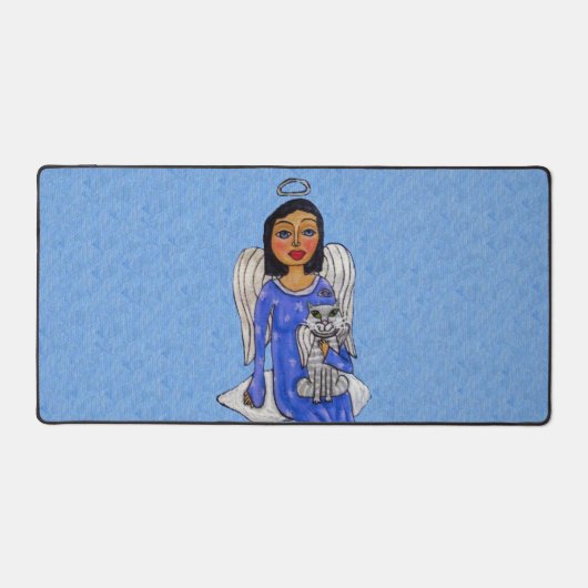 Donkerharige Engel met Engel Kat op Cloud Blue Sky Bureaumat (Voorkant)