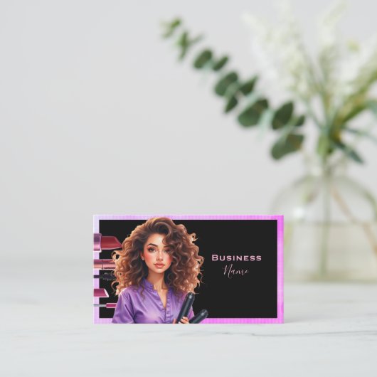 Donkerharige make-up dame Paarse Visitekaartje (Staand voorkant)