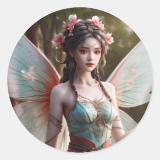 Donkerharige roze en groene lente Fairy Fantasy Ronde Sticker