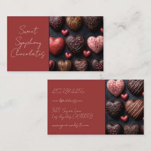 Donkerkleurige hartvormige chocolade visitekaartje (Voorkant / Achterkant)