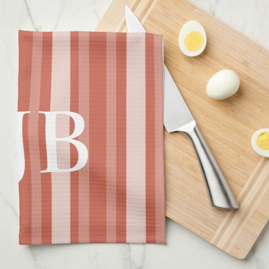 Donkerkoraal Victoriaans streep met monogram Theedoek (Quarter Fold)