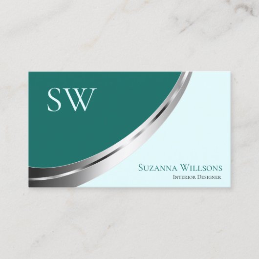 Donkerlicht Blauwgroen met zilverdecor en monogram Visitekaartje (Voorkant)