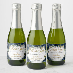 Donkermarineblauw bloemenvlinders Rozen Favor Sparkling Wijnetiket