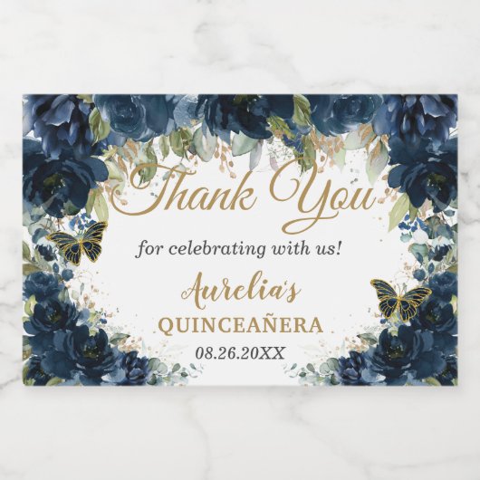 Donkermarineblauw bloemenvlinders Rozen Favor Sparkling Wijnetiket (Enkel label)