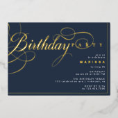 Donkermarineblauw en goud |  Verjaardag Folie Uitnodiging (Voorkant)