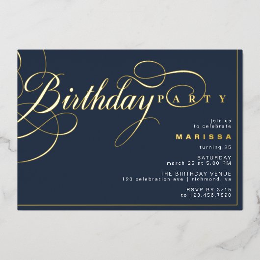 Donkermarineblauw en goud |  Verjaardag Folie Uitnodiging (Voorkant)