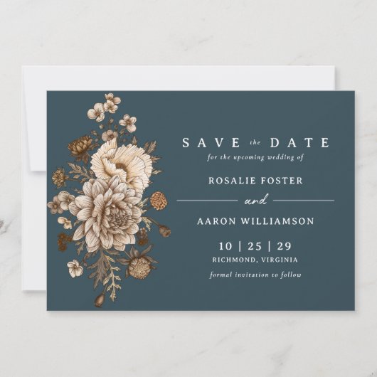Donkermarineblauw | Neutral Floral Moody Save The Date (Voorkant)