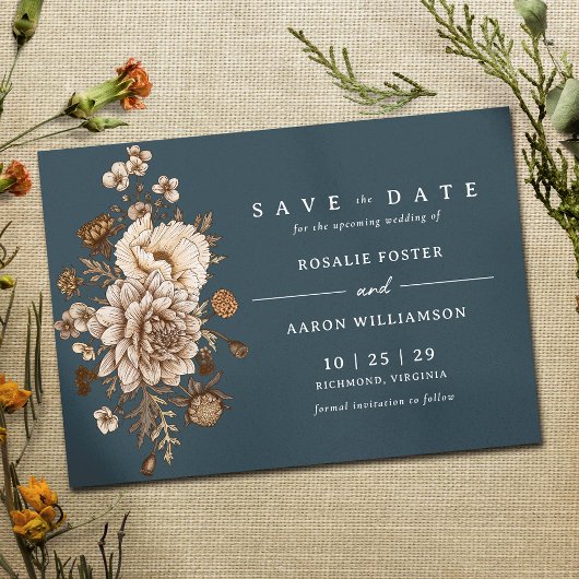 Donkermarineblauw | Neutral Floral Moody  Save The Date