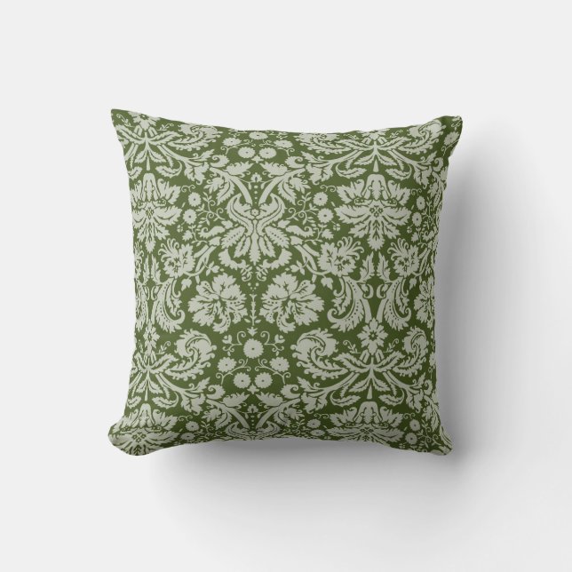 Donkermos groen Damask Kussen (Voorkant)