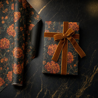Donkeroranje Marigold Bloemige Naadloos Patroon Cadeaupapier