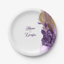 Donkerpaars en gouden glinsterend bloemendecor mod papieren bordje