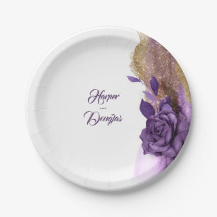 Donkerpaars en gouden glinsterend bloemendecor mod papieren bordje
