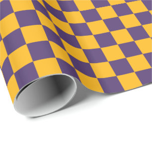 Donkerpaars en goudgeel geruit cadeaupapier