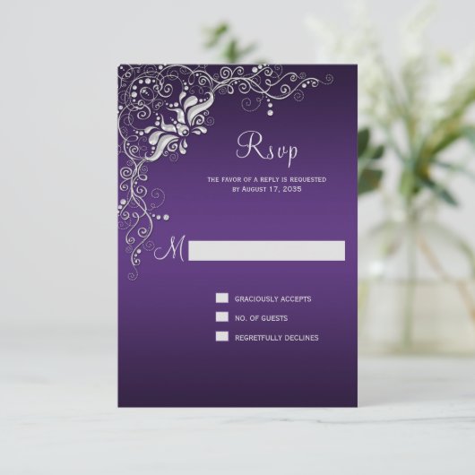 Donkerpaars met sierlijke zilveren bloemkrullen RS RSVP Kaartje (Staand voorkant)