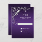 Donkerpaars met sierlijke zilveren bloemkrullen RS RSVP Kaartje (Voorkant / Achterkant)
