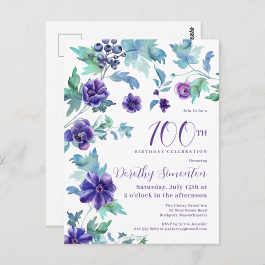 Donkerpaarse bloem Botanische verjaardagsfeestje 1 Briefkaart (Voorkant / Achterkant)