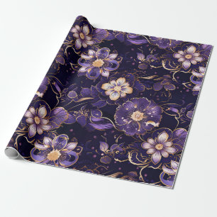 Donkerpaarse Bloemen en Nepgoud Cadeaupapier