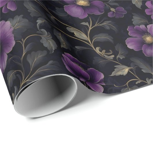 Donkerpaarse bloemen op zwart cadeaupapier (Rol Hoek)