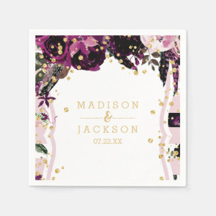 Donkerpaarse bloemengoudconfetti-monogram bruiloft servetten