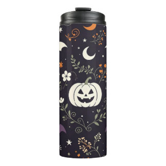 Donkerpaarse bloemrijke Halloween-pompoen Thermosbeker