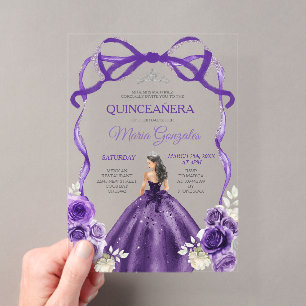 Donkerpaarse Boog Zilveren Kroon Prinses Quinceañe Acryl Uitnodigingen