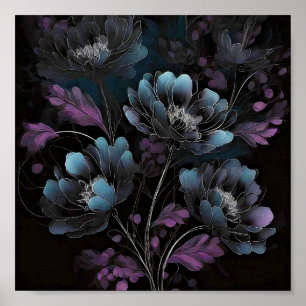 Donkerpaarse en blauwe bloemkunst poster