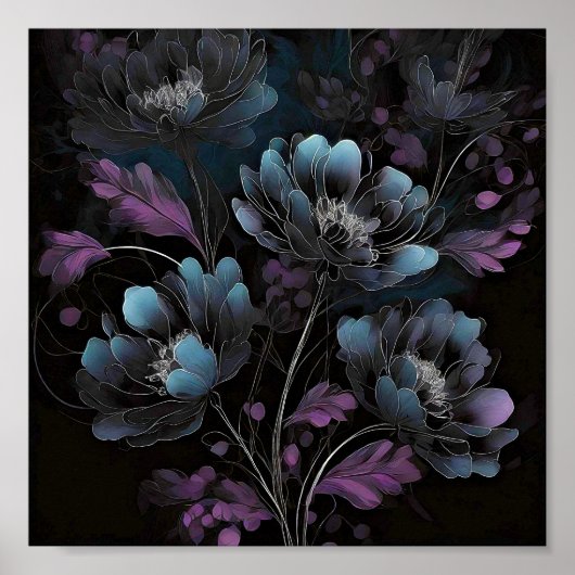 Donkerpaarse en blauwe bloemkunst poster (Voorkant)
