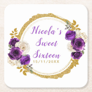 Donkerpaarse en gouden elegante bloem Sweet Sixtee Kartonnen Onderzetters