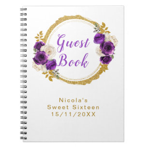Donkerpaarse en gouden elegante bloem Sweet Sixtee Notitieboek